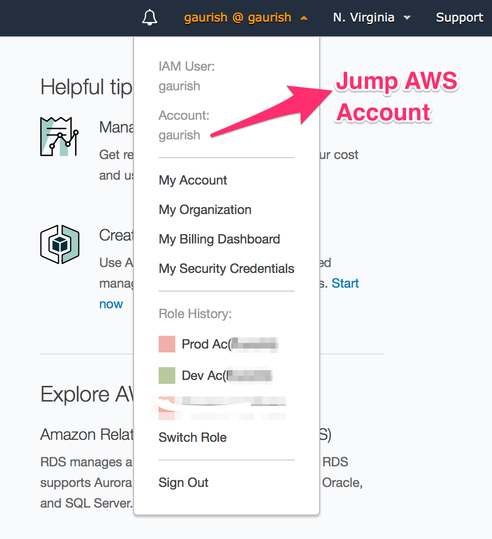 Screenshot of Switch Role Feature in AWS Console 